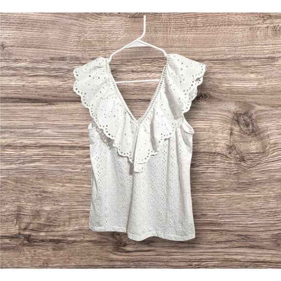 LOF Tops - LOFT Eyelet V-Neck White Blouse Ruffle Tank Top Flutter Sleeve Size Small